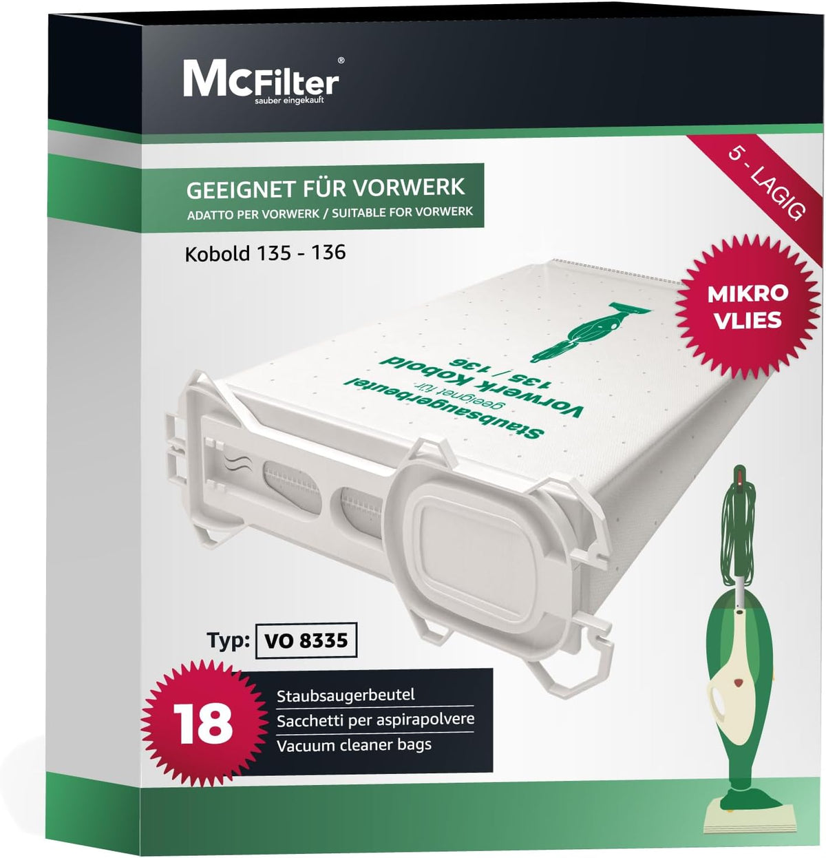 18 sacchetti per aspirapolvere adatti agli aspirapolvere Vorwerk Folletto VK 135 136 135SC VK135 VK136 con chiusura igienica I alternativa per FP135/136 I tipo di sacchetto VO 8335
