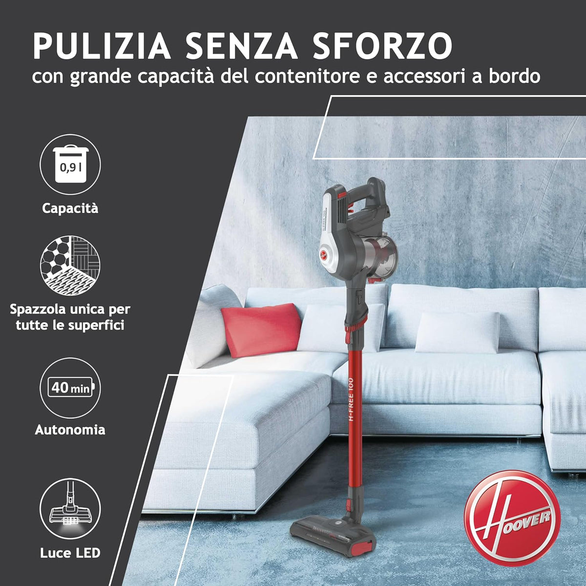 Hoover H-FREE 100 HF122GPT 011 Aspirapolvere Elettrica Senza Fili, Senza Sacco, 170W, 0,9 L, Ciclonico, Mini Turbo Spazzola, Autonomia 40 Min, Rosso