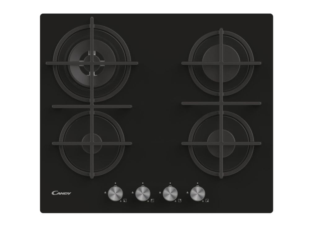 Candy CVG6BR4WPB Piano Cottura a Gas in Vetro Temperato da 60 cm, 4 Fuochi, da Incasso, Griglie in Ghisa, Bruciatore Wok, Valvola di Sicurezza, GPL e Metano, 60x51x50 cm, Nero