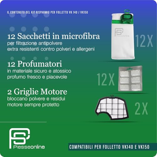 Filtro compatibile per elettrodomestici | Kit Risparmio 12 Sacchetti Folletto VK150, 12 Profumatori, 2 Filtri Folletto VK150 Griglia Motore | Ricambi Folletto VK150 Compatibili per Folletto | Soluzione Tutto-in-Uno per Casa Sempre Pulita
