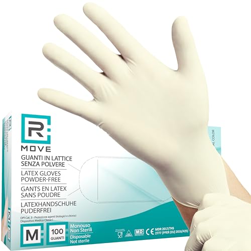 Ricambio compatibile per elettrodomestici | R MOVE 100 Guanti in Lattice monouso 5,7gr senza polvere, alta sensibilità sia al tatto che al palmo, guanti usa e getta in lattice, dispostivo medico (100, M)