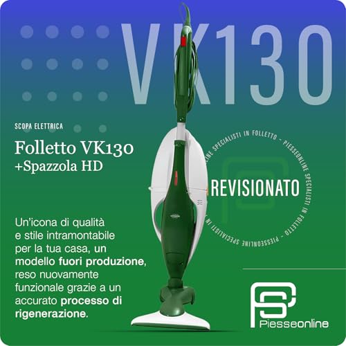 Filtro compatibile per elettrodomestici | Aspirapolvere Folletto VK130 -REVISIONATA- + Spazzola HD CON RUOTE, Ideale Per Tutti i Pavimenti, Cavo Estraibile 7m, 3 Velocità, Filtro HEPA, Igienizzato e Pronto all’Uso, SOLO ASPIRAPOLVERE