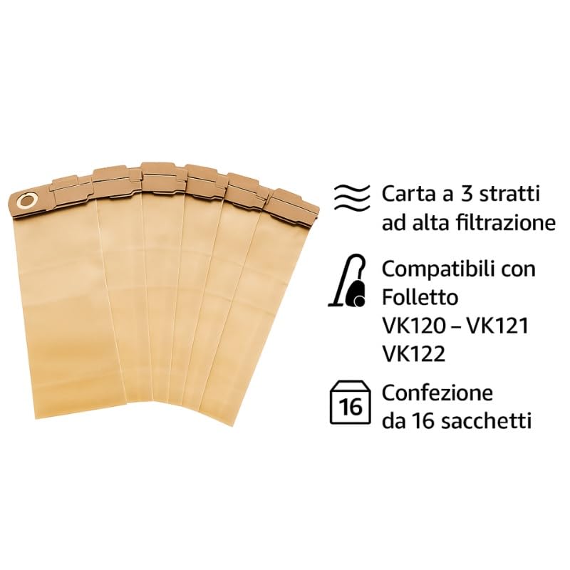 Sacchetti compatibili per elettrodomestici | 16 Sacchetti Compatibili Folletto VK120 VK121 VK122 – Ricambio in Carta a 3 Strati ad Alta Filtrazione per Aspirapolvere Vorwerk