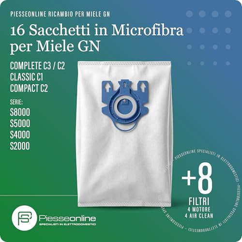 Sacchetti compatibili per elettrodomestici | 16 Sacchetti Aspirapolvere Miele Tipo GN - Compatibili + 8 Filtri (4 Motore + 4 Scarico) per Complete C3 C2 Classic C1 Compact C2 Serie S8000 S5000 S4000 S2000 | Tessuto Multistrato Anti Allergeni