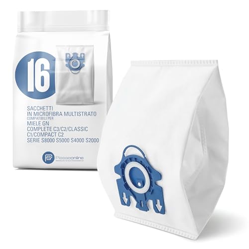 Sacchetti compatibili per elettrodomestici | 16 Sacchetti Aspirapolvere Miele Tipo GN - Compatibili + 8 Filtri (4 Motore + 4 Scarico) per Complete C3 C2 Classic C1 Compact C2 Serie S8000 S5000 S4000 S2000 | Tessuto Multistrato Anti Allergeni