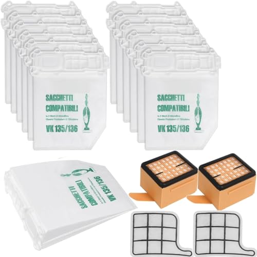 Filtro compatibile per elettrodomestici | 12 Sacchetti per Aspirapolvere Folletto vk135 vk136 con 2 Filtro Hepa 2 Filtro Griglia