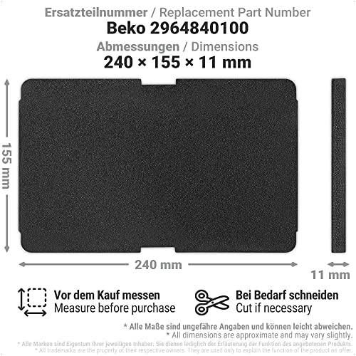 Filtro compatibile per elettrodomestici | Siegvoll 6x Filtri per Asciugatrice Beko, Spugna per Filtro Dell'evaporatore 2964840100, Filtro in Schiuma per Asciugatrice a Condensazione e a Pompa di Calore 240 x 155 x 11 mm