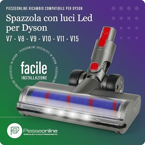Spazzola compatibile per elettrodomestici | Spazzola Compatibile per Dyson Aspirapolvere V7, V8, V9, V10, V11 e V15 - Luci LED Integrate, Rotazione Fluida di 180 gradi - Rullo Morbido per una Pulizia Efficace Senza Graffi