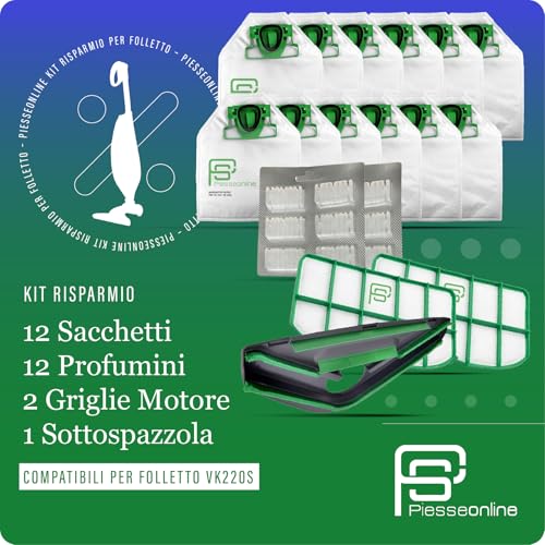 Filtro compatibile per elettrodomestici | Kit Risparmio 12 Sacchetti Folletto VK220s, 12 Profumatori, 2 Filtri Griglia Motore, 1 Sottospazzola | Ricambi Folletto VK220s Compatibili per Folletto | Soluzione Tutto-in-Uno per Casa Sempre Pulita