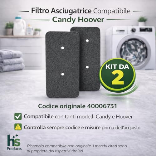 Filtro compatibile per elettrodomestici | Filtri Asciugatrice Compatibili per Candy Hoover 40006731 – 2x Filtro Scambiatore in Spugna 275x125x10 mm – Ricambio per Modelli a Condensazione e Pompa di Calore