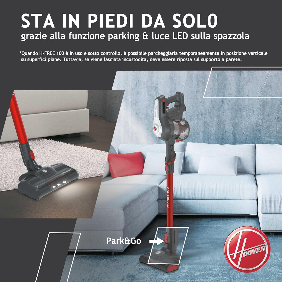 Hoover H-FREE 100 HF122GPT 011 Aspirapolvere Elettrica Senza Fili, Senza Sacco, 170W, 0,9 L, Ciclonico, Mini Turbo Spazzola, Autonomia 40 Min, Rosso