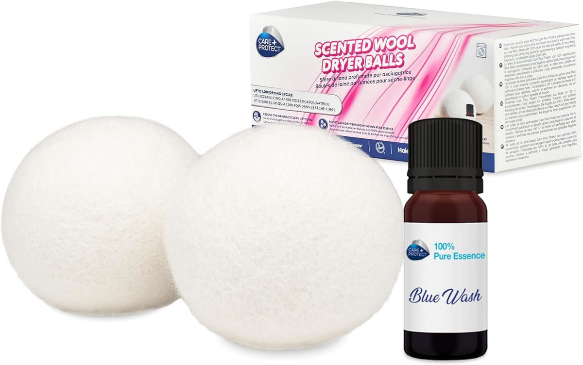 CARE + PROTECT Palline per asciugatrice in lana con essenza profumata, tempo di asciugatura dimezzato, risparmio energetico, 1000 cicli, confezione da 2 palline + essenza da 10 ml