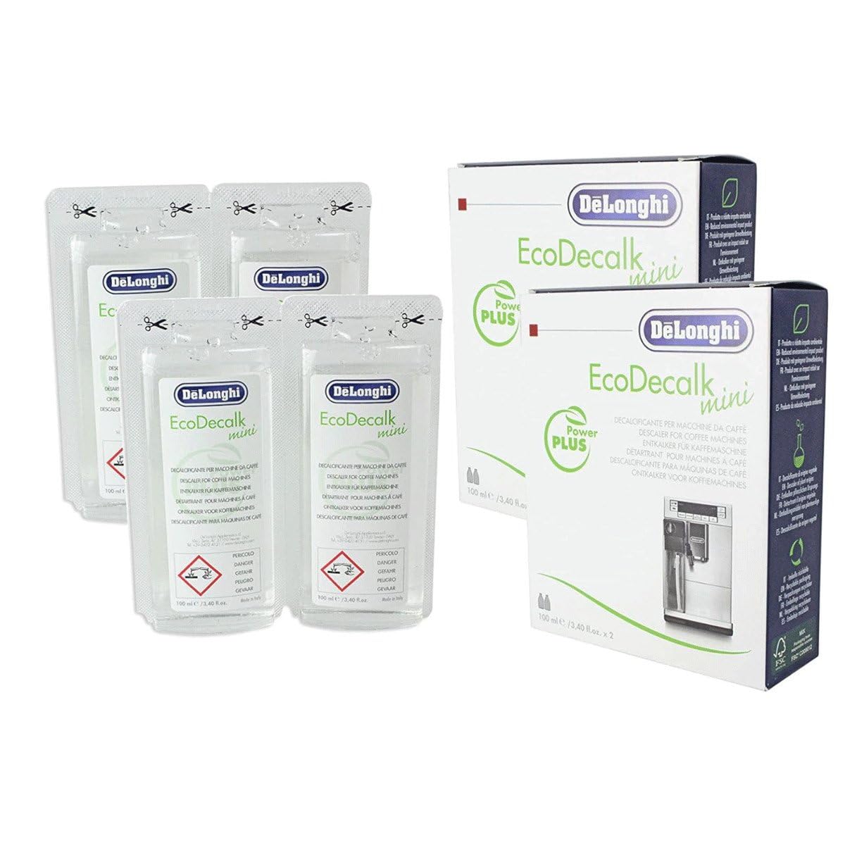 DELONGHI EBY5513296011X2 EcoDecalk Mini 2 Pezzi in Totale 4 x 100 ml, 0.4 Litri, 0 Decibel, Alluminio, Trasparente