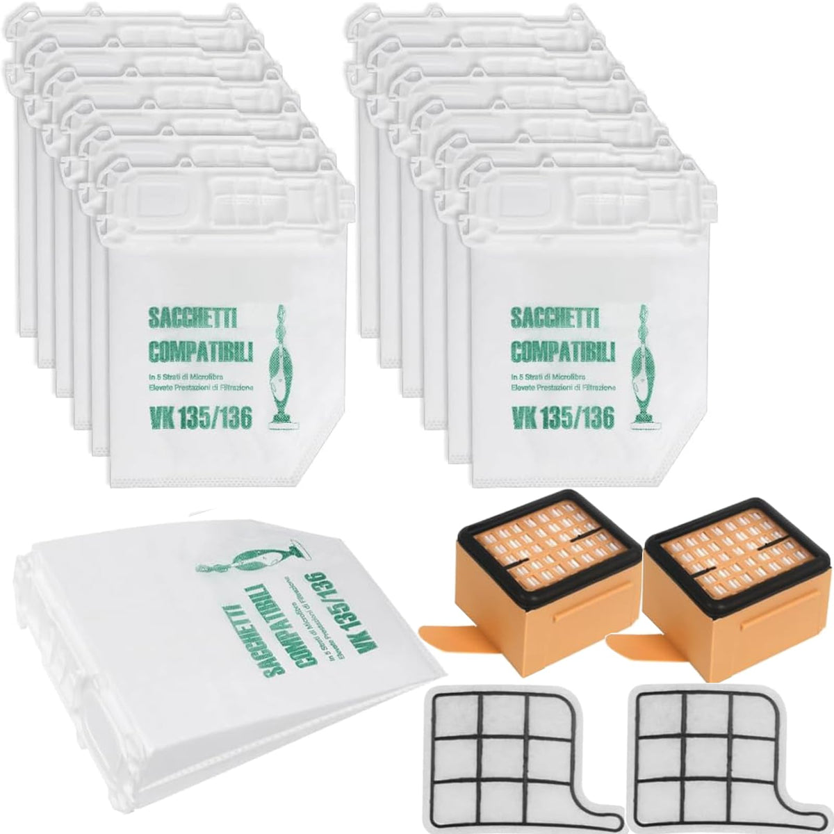 Filtro compatibile per elettrodomestici | 12 Sacchetti per Aspirapolvere Folletto vk135 vk136 con 2 Filtro Hepa 2 Filtro Griglia