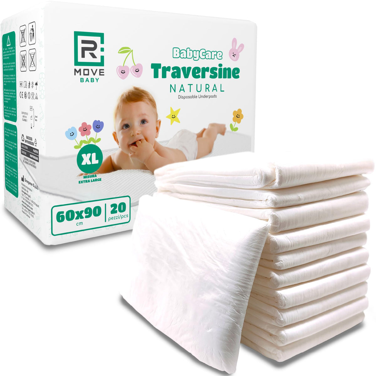 Ricambio compatibile per elettrodomestici | R MOVE 20 traversine neonato fasciatoio 60x90 cm - traverse bambini XL, telini igienici Natural, teli cambio pannolino usa e getta bambini, Morbida fibra naturale di cellulosa super assorbenti