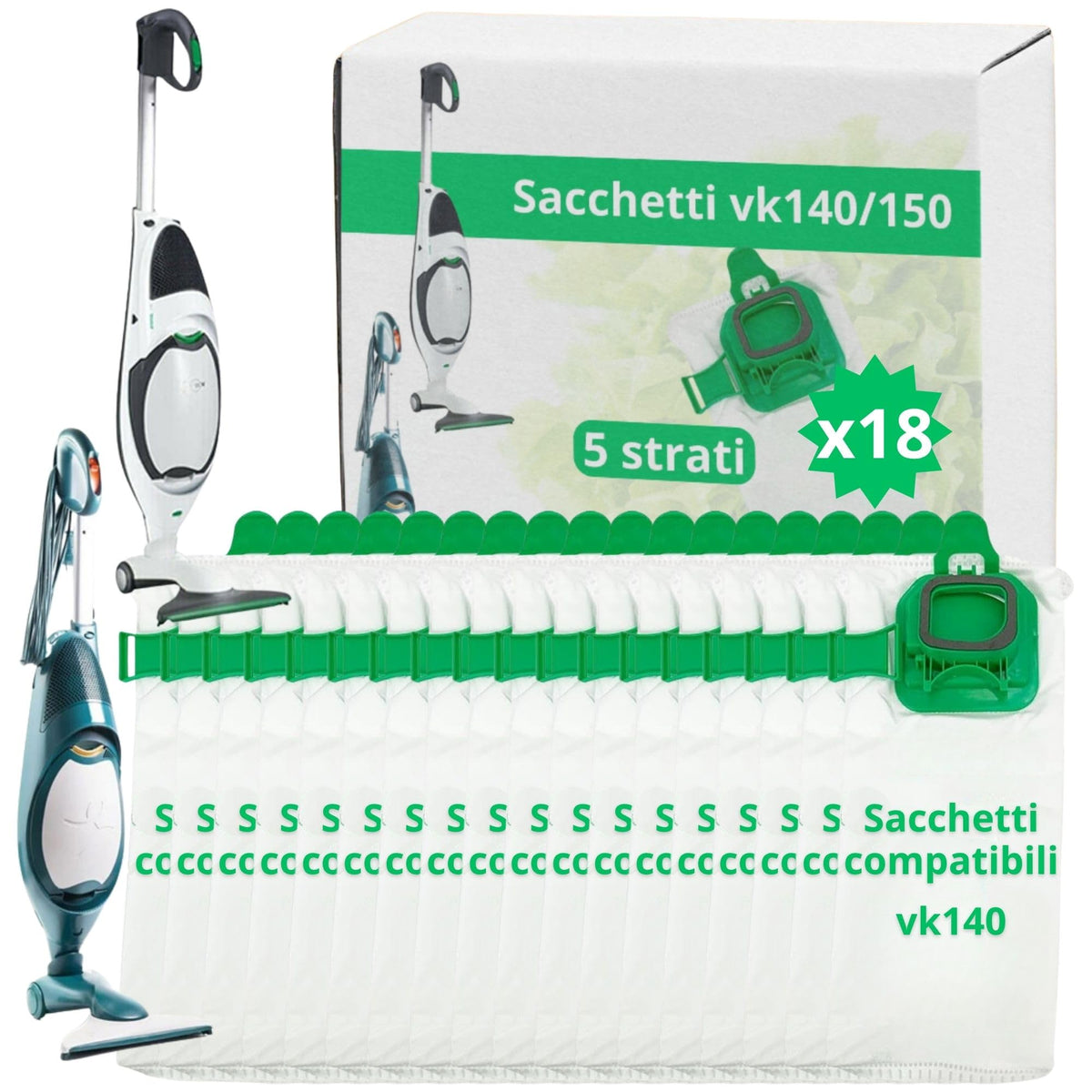 N2ELECTROITALY - Set di 18 Sacchetti Compatibili con Folletto VK140 e VK150 | Microfibra Resistente, Antibatterici, 5 Strati, Alto Potere Filtrante 99,7%