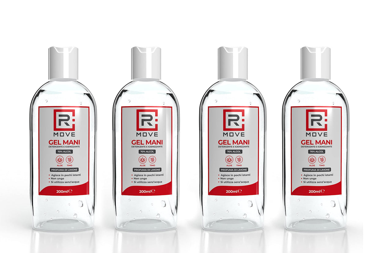 Ricambio compatibile per elettrodomestici | RMOVE 4 flaconi da 200ml gel igienizzante mani 70% ALCOL Gel mani profumato al limone arricchito con olii essenziali di Aloe e Timo, Gel tascabile da viaggio (Flaconi da 200ml 70% alcol, 4)