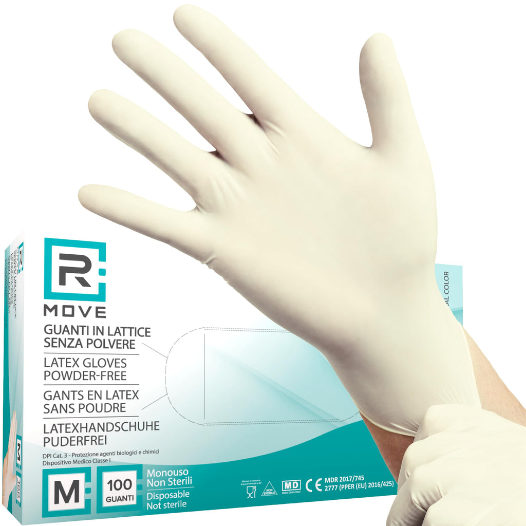 Ricambio compatibile per elettrodomestici | R MOVE 100 Guanti in Lattice monouso 5,7gr senza polvere, alta sensibilità sia al tatto che al palmo, guanti usa e getta in lattice, dispostivo medico (100, M)