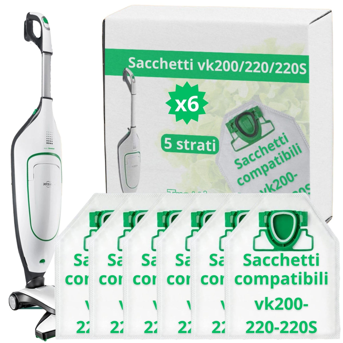N2ELECTROITALY - Set di 6 Sacchetti Compatibili con Folletto VK200 e VK220s | Microfibra Resistente, Antibatterici, 5 Strati, Alto Potere Filtrante 99,7%