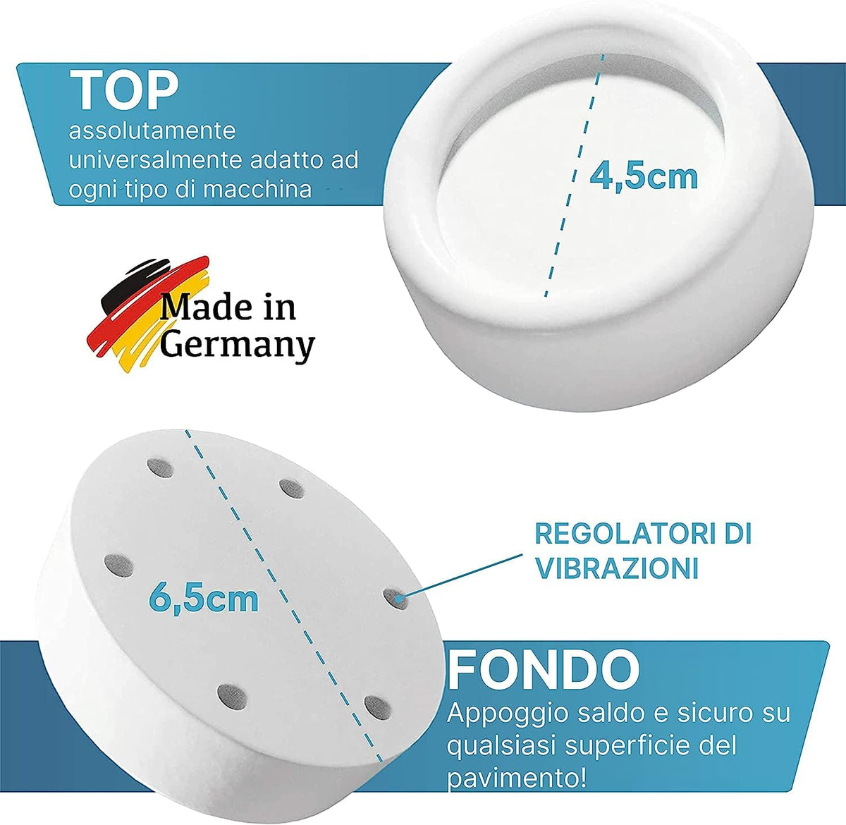 N2 ELECTROITALY| Piedini Antivibrazione Lavatrice - Gommini Lavatrice Antivibrazione Universali Adatti a Diverse Marche - in Gomma Resistente - Diametro sopra: 4,5 cm, Diametro sotto: 6,5 cm - Bianco