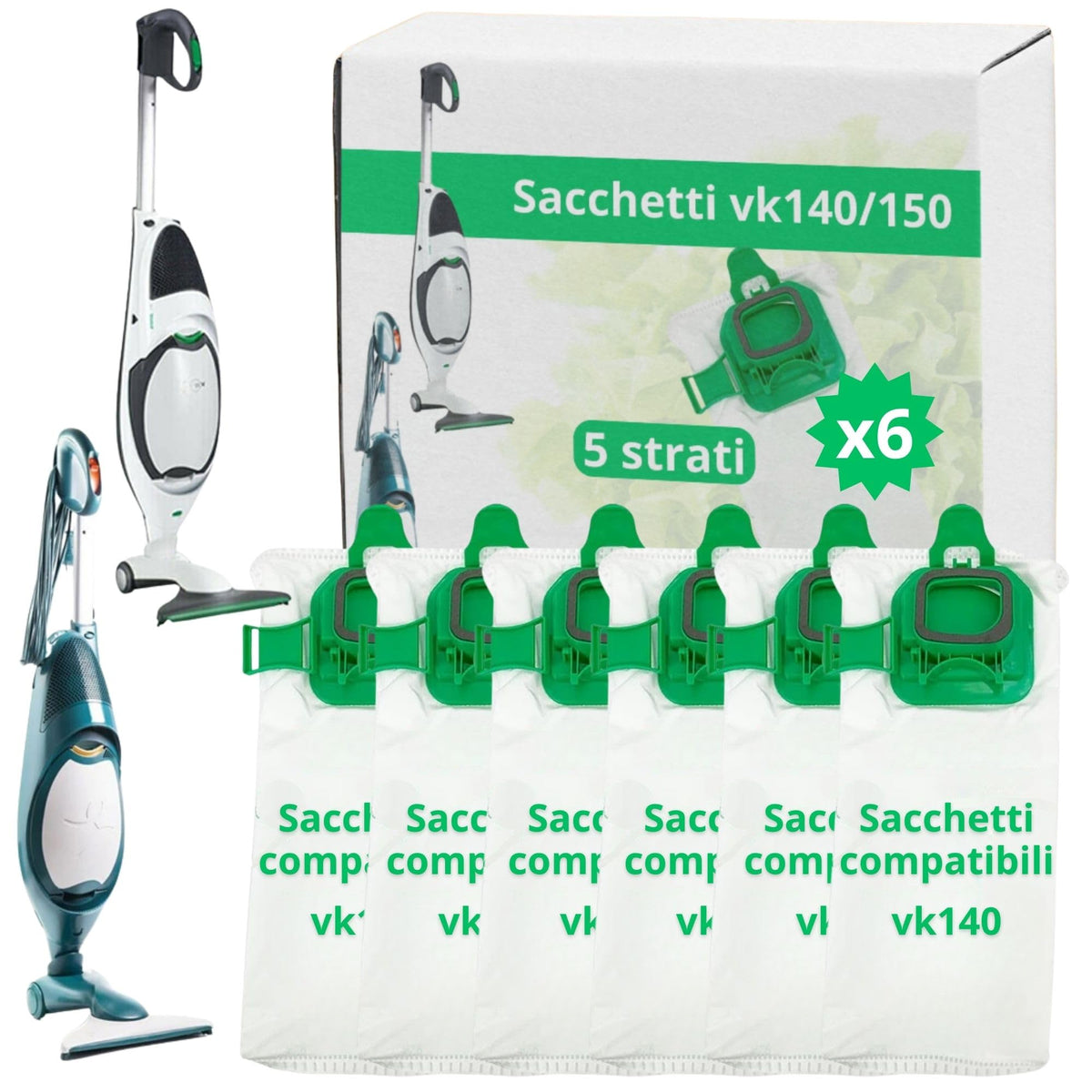 N2ELECTROITALY - Set di 6 Sacchetti Compatibili con Folletto VK140 e VK150 | Microfibra Resistente, Antibatterici, 5 Strati, Alto Potere Filtrante 99,7%