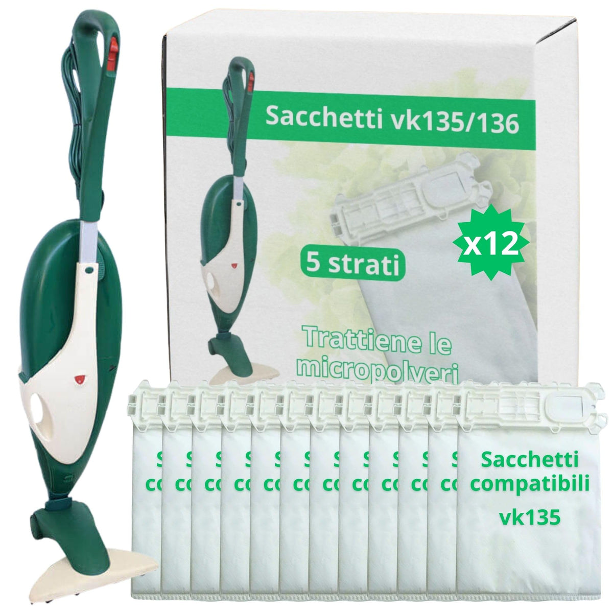 N2ELECTROITALY - Set di 12 Sacchetti Compatibile con Folletto VK135 e VK136 | Microfibra Resistente, Antibatterici, 5 Strati, Alto Potere Filtrante 99,7%