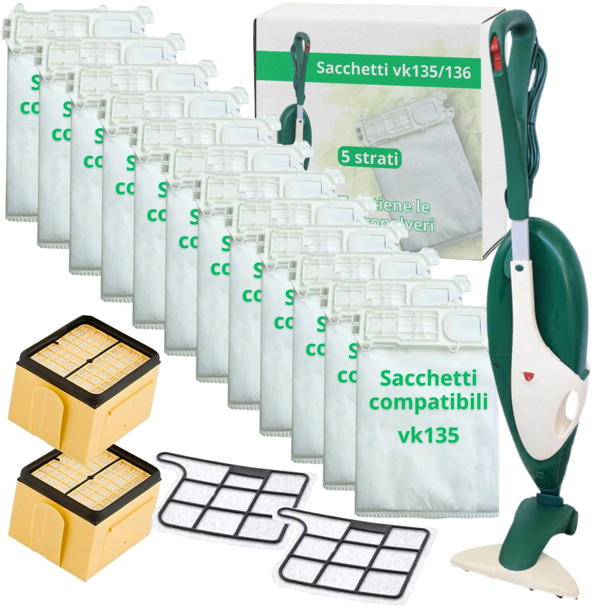N2ELECTROITALY - Set di 12 Sacchetti + 2 Filtri Motore + 2 Filtro Hepa Compatibili con Folletto VK135 e VK136, Microfibra Resistente, Alto Potere Filtrante 99,7%