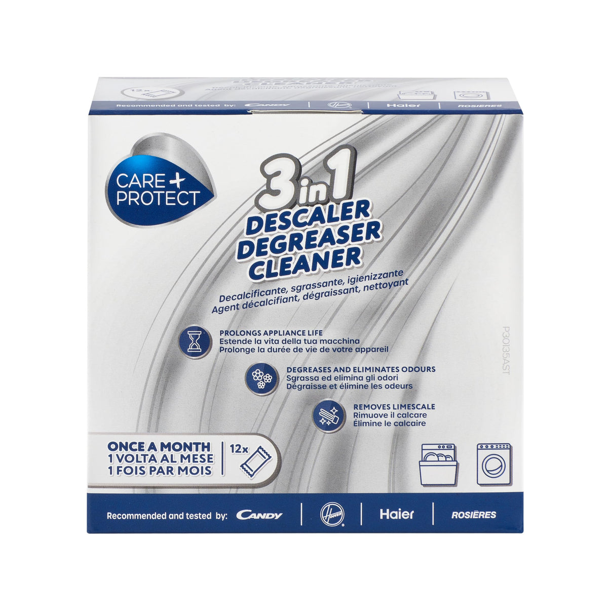 CARE + PROTECT 3 in 1 Decalcificante, Sgrassante, Igienizzante per Lavastoviglie e Lavatrice, Universale, Professionale, in Polvere, 12 Bustine per 12 Mesi di utilizzo