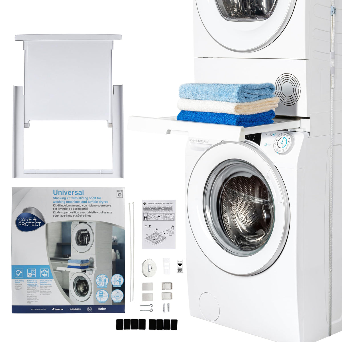 CARE + PROTECT Kit di incolonnamento Universale con Ripiano Scorrevole , Adatto per Lavatrici con Profondità 47-62 cm, Salvaspazio, Facile da Installare, Bianco, Frontale Arrotondato